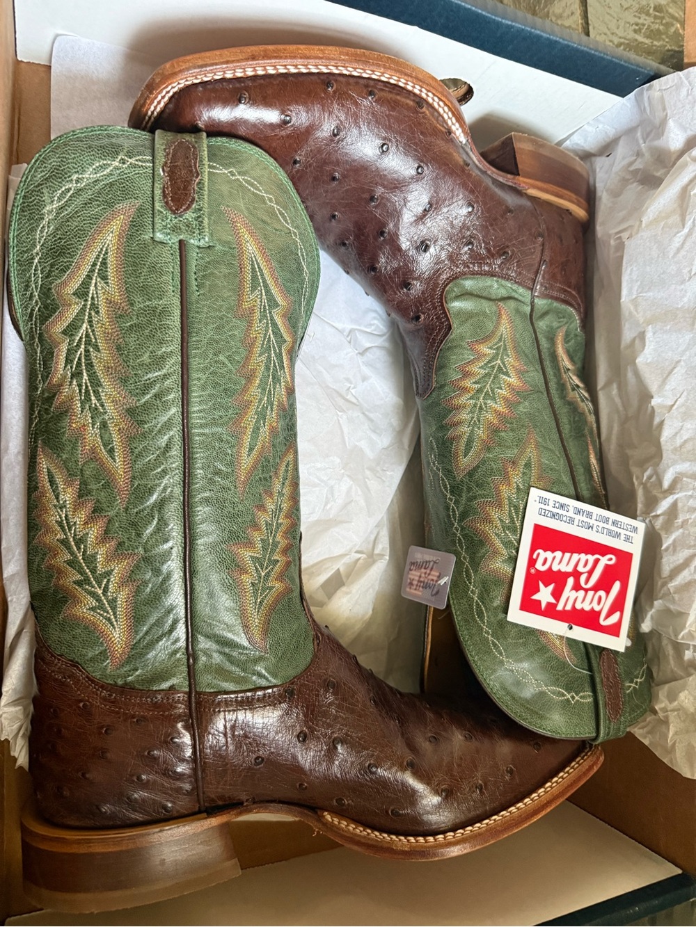 Tony Lama Brown Ostrich Western Boots with Green Embroidered Shaft - Picture 8 of 9